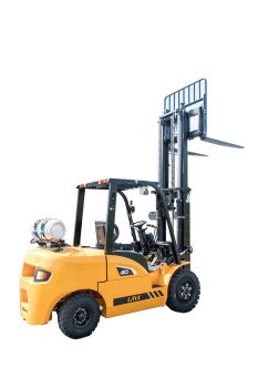 Rear view of forklift showing counterweight and LPG tank